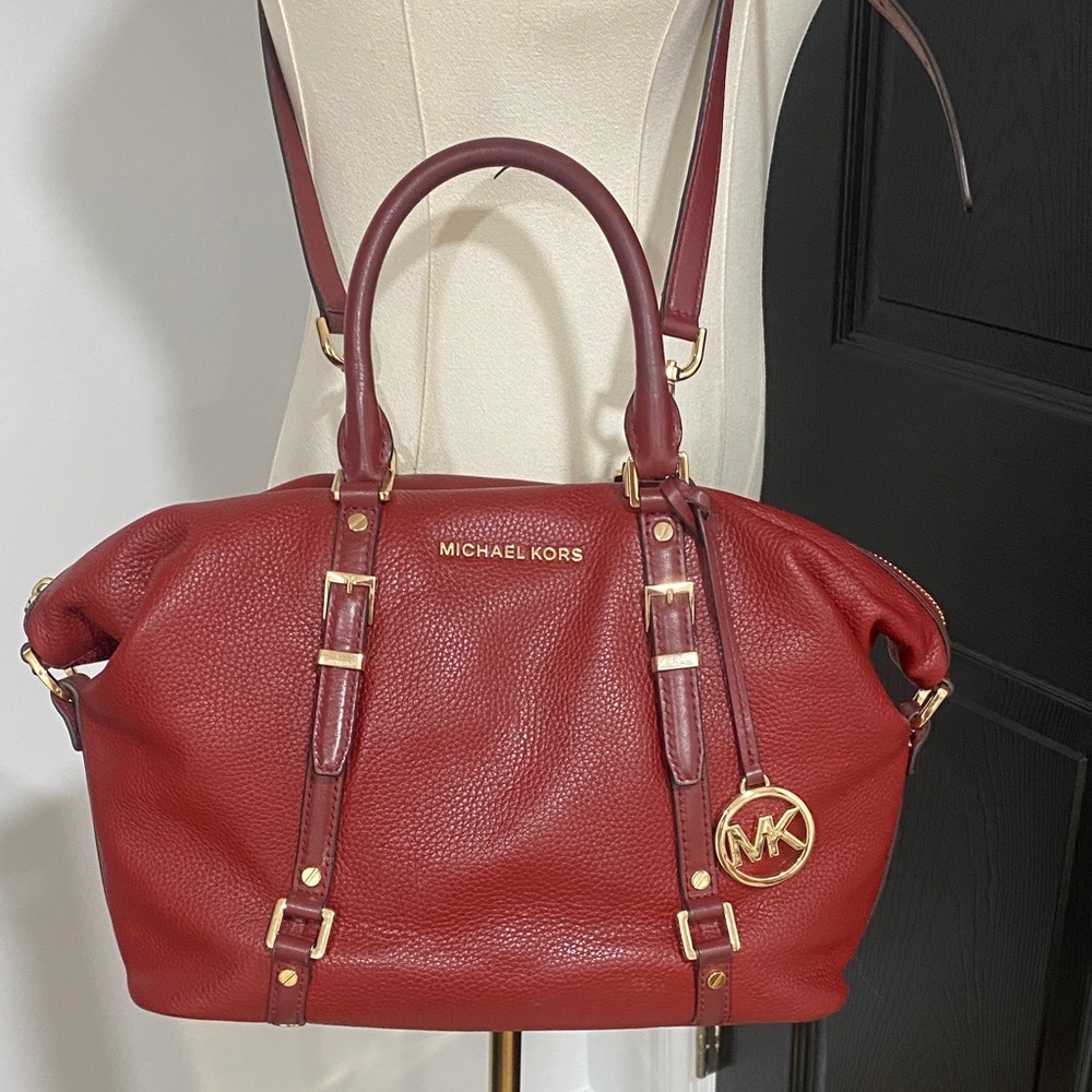 Michael Kors Bedford Red Leather Satchel with Gold Accents